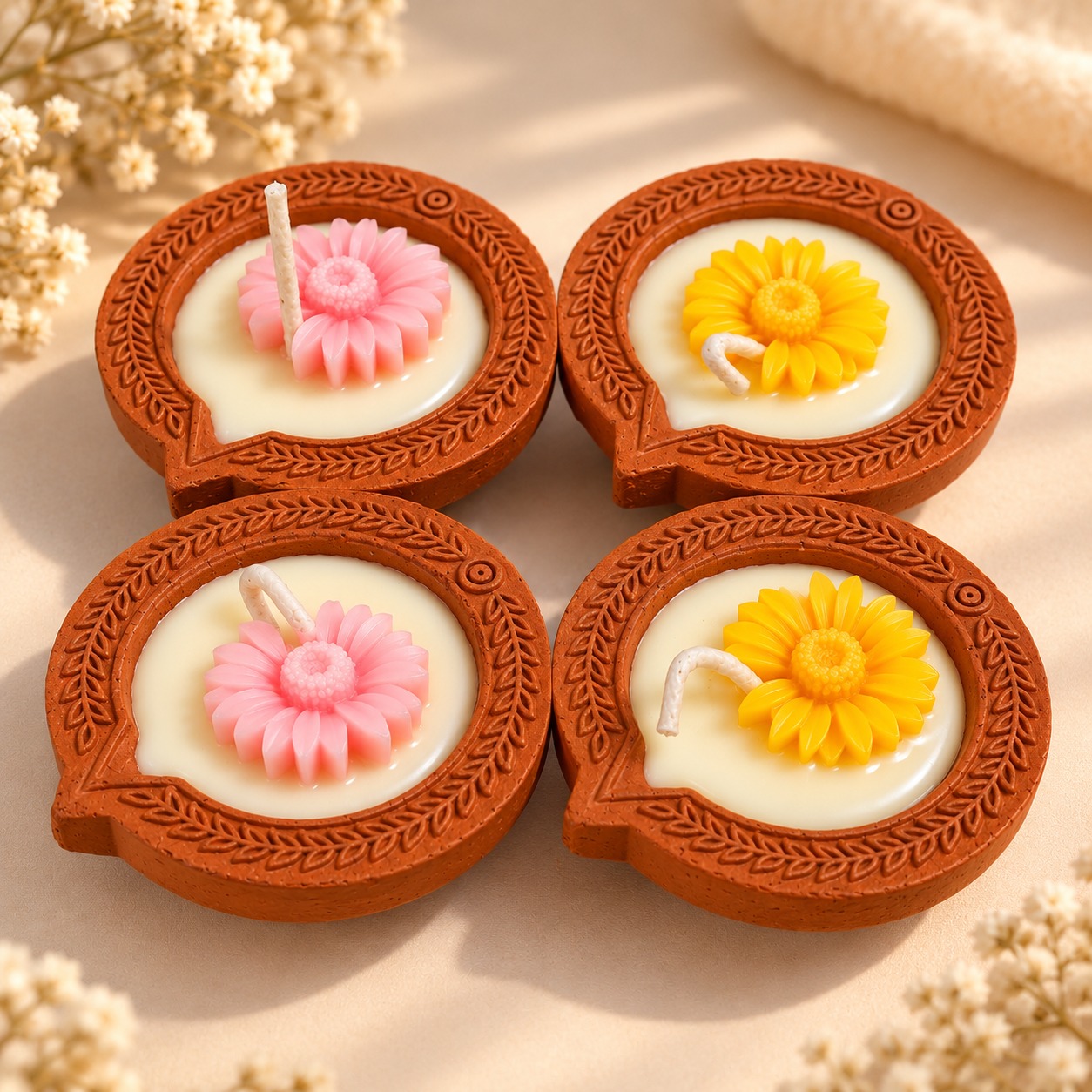 Decorative Diya-Shaped Floral Candles – Set of 4